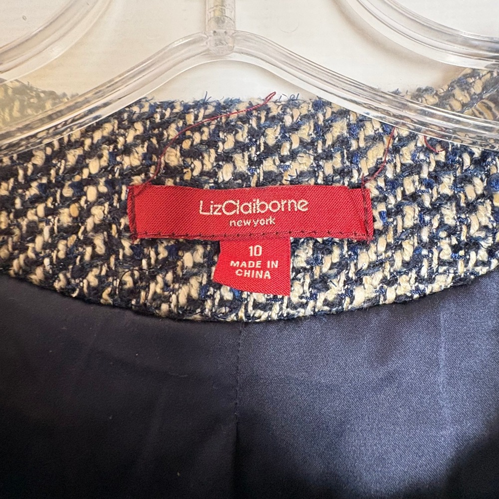 Liz Claiborne New York Tweed Moto Jacket Leather Trim Navy Blue Size 10 Career - Picture 3 of 10